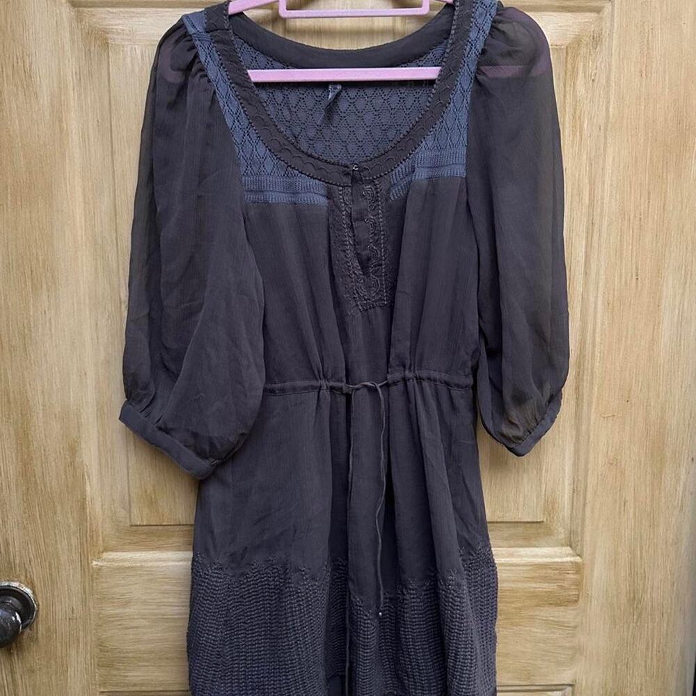 Free People Black Crochet Lace Sheer Sleeve Boho Mini Dress S/M
